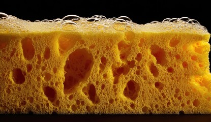 Close-up of a yellow, porous cleaning tool saturated with soapy bubbles against a dark background