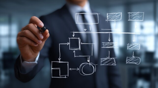 Businessman drawing a flowchart.