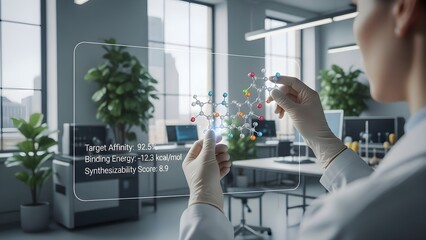 Scientist Analyzing Molecular Structure on Futuristic Holographic Display in Modern Laboratory.