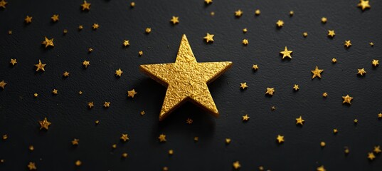 Golden star on dark background, surrounded by smaller stars