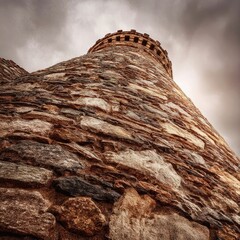 Low-angle shot of a stone-built, conical structure with a crenelated top against a cloudy sky