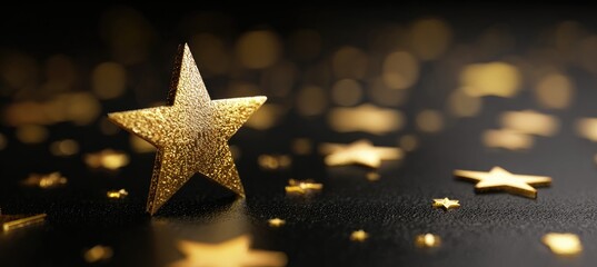 Sparkling gold star stands out against a bokeh-lit black backdrop