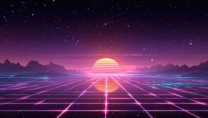 Retro sunset grid landscape with mountains under a starry purple sky