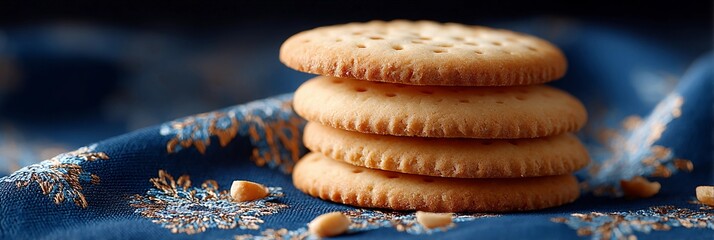 A handful of homemade cookies lies on a traditionally patterned tablecloth.