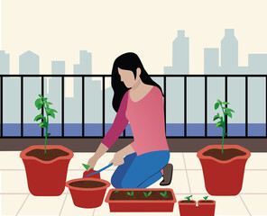 Urban gardening with a woman planting vegetables on a balcony