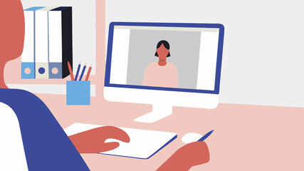 Remote work setup with a person in a virtual meeting at a desk