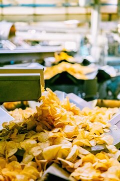 Potato chip production process in industrial factory