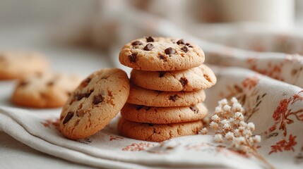 A handful of homemade cookies lies on a traditionally patterned tablecloth.