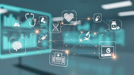Telemedicine concept with medical icons and digital connections in a futuristic healthcare setting with blue tones and blurred background