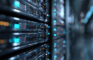 Data center Rows of servers glow blue in a dark, technological server room aisle
