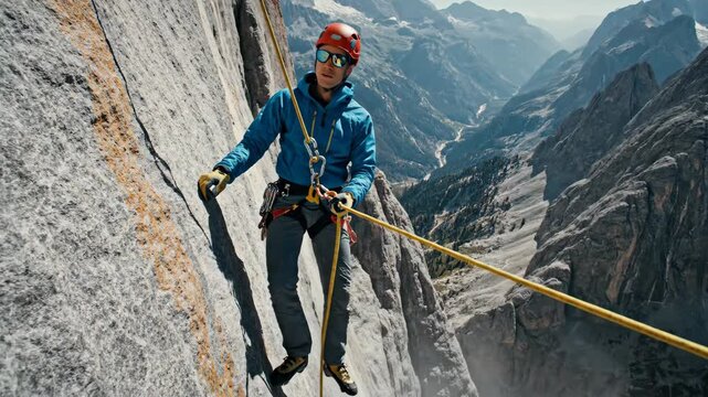 Adventurous rock climber rappelling down a steep cliff face in the mountains.