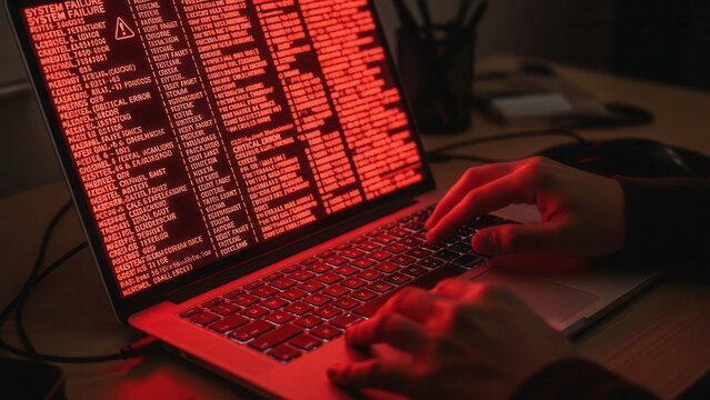 System failure warning concept, hands typing on laptop with red error code, symbolizing critical software crash, IT emergency, and digital troubleshooting