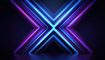 Glowing X-shaped blue & purple neon light, abstract background with reflections
