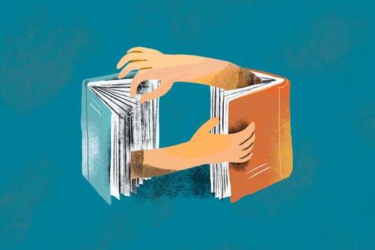 Creative hands exchanging knowledge through books