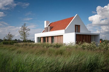 Fototapeta premium A contemporary house is nestled in a vibrant field, embraced by luscious tall grass and a scattering of small trees, all beneath a serene blue sky adorned with gentle clouds in the bright daylight
