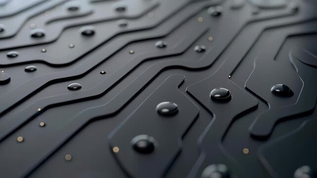 Cybernetic Circuitry: A sleek, dark surface etched with intricate circuitry patterns, adorned with delicate droplets, invites contemplation on the intersection of technology and art.