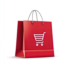 Red shopping bag, white shopping cart icon, string handles, isolated