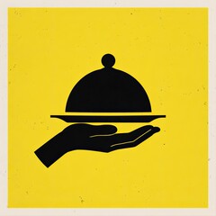 Simple illustration hand holds a covered serving dish on textured background
