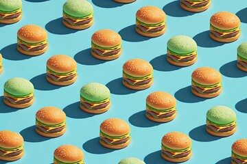 Repeating pattern of burgers with green and orange buns on a blue background