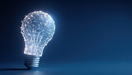 Lightbulb network concept glows on dark blue surface, emphasizing innovation