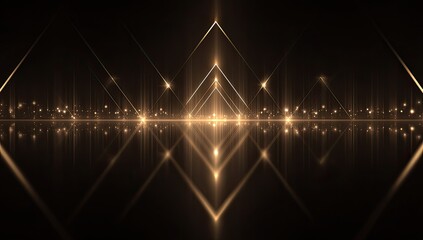 Golden glowing geometric shapes and lines, with reflections on dark surface