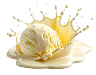 A scoop of ice cream being splashed with creamy liquid against a dark background