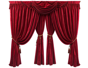 Richly draped red velvet curtains with opulent valance, secured with ornate tiebacks