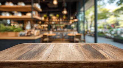 Wooden table with blurry interior background, shelves, glass and outdoor trees