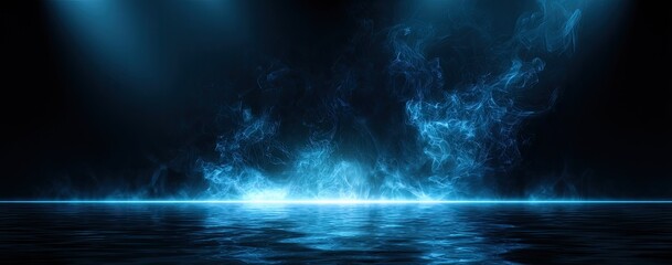 Abstract blue smoke or fire over a reflective surface under spotlights