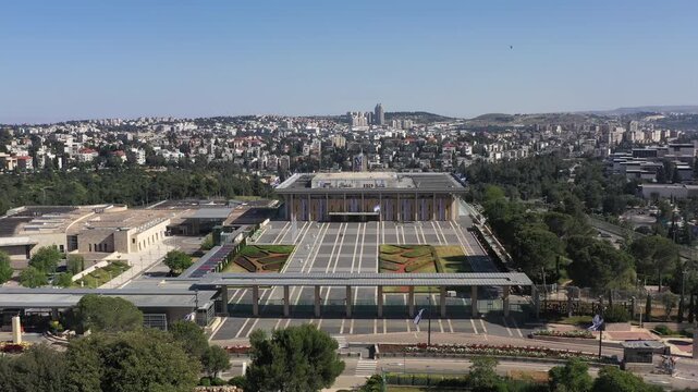 Aerial Israeli Knesset Jerusalem

Drone footage overlooking the Israeli Knesset building and surrounding government complex in Jerusalem, Israel, December 24 2025.
