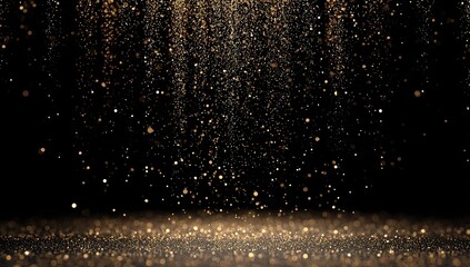 Golden particles falling like rain on a reflective surface