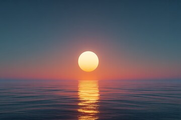 Sun sits perfectly on water horizon, reflecting soft, warm light