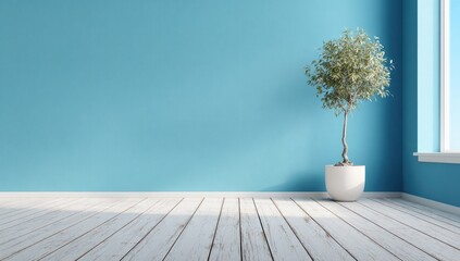 Bright room blue wall, potted plant, wood floor, window light