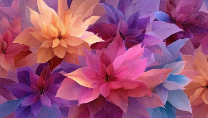 Stylized blossoms overlap in shades of pink, purple, orange, red, and blue