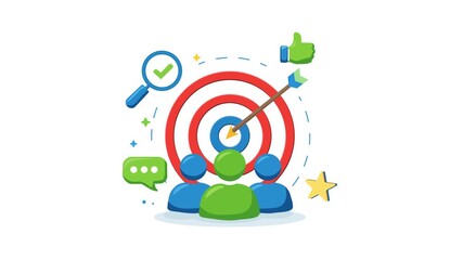 Target Audience Engagement And Marketing Success Concept. Flat Design animation of a targeted group 
With A Bullseye And Arrow. Precise Marketing Strategy, Customer Engagement, And Business Growth