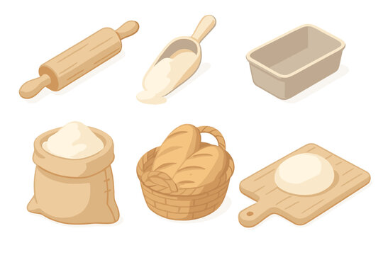 Farmhouse Bakery Essentials. Isometric vector illustration set Farmhouse Bakery Tools: rolling pin, flour scoop, bread mold, grain