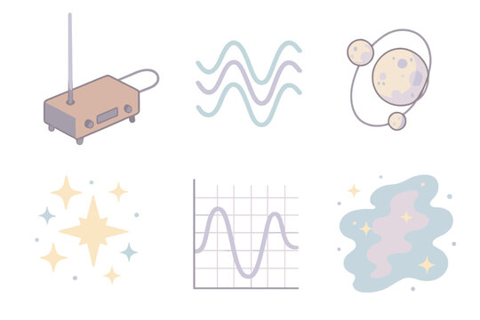 Cosmic Resonance Icons. Isometric vector illustration set Cosmic Resonance Field: vintage theremin, energy waves, orbiting moons,