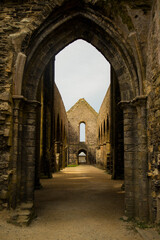 The abbey nave ruins seen fron the entrance door at St Matthew point, a headland located in the commune of Plougonvelin in Finistere, Brittany, France.