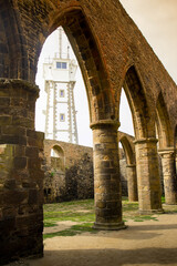 The semaphore seen from the abbey ruins at St Matthew point, a headland located in the commune of Plougonvelin in Finistere, Brittany, France. No people.