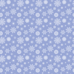 Seamless winter pattern with white snowflakes on light blue background, holiday ornament, christmas and new year decor, winter abstraction, textile print, wrapping paper, seamless pattern