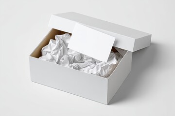 Open white box with crumpled paper and blank card, simple presentation