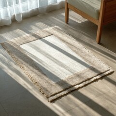 Light beige rug with fringed edges, sunlight on floor