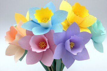Colorful paper daffodils in pastel hues