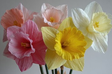 Close-up of five vibrant paper daffodils in pastel hues