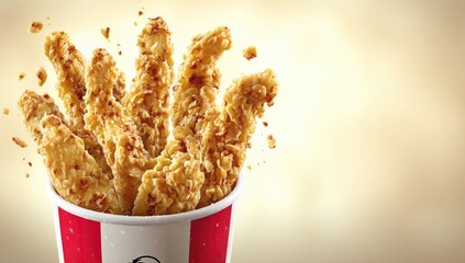 Crispy fried chicken pieces in a paper cup, in motion