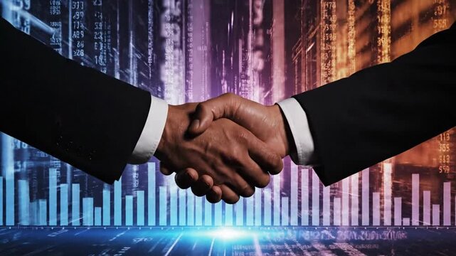 Business handshake between partners in a modern technology hub with a futuristic cityscape background