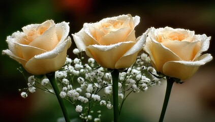 Three pale peach roses, adorned with water droplets, and small white flowers