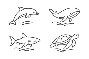 Obraz premium Ocean Creature Icons. Line style icons of Ocean Creatures: streamlined form, soft tail sweep, dorsal hint, calm swimmer, water
