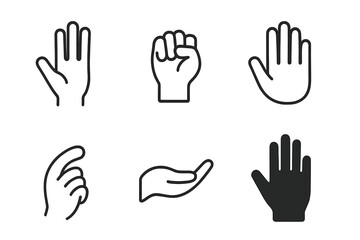 Obraz premium Hand Icons Collection. Line style icons of Hand: open hand, closed hand, palm outline, finger curve, gentle gesture, simple