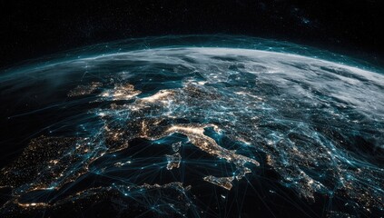 Earth's European continent, lit up at night, with a network of connections